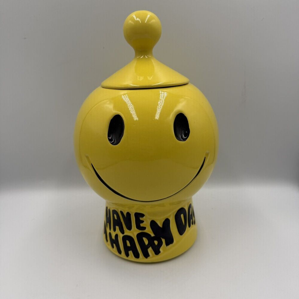 Vintage McCoy Yellow Smiley Face cookie jar W/ Lid" Have A Happy Day" 1970s